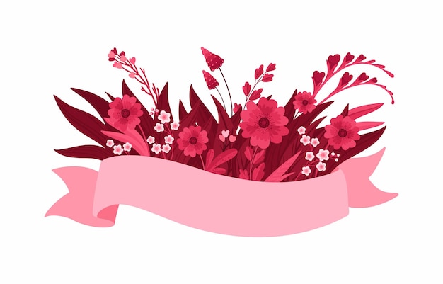 Viva magenta Floral arrangement with blank ribbon Empty template Spring pink and red flowers