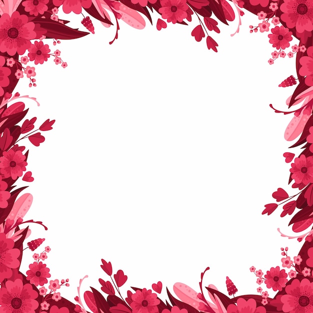 Viva magenta floral blank template. square empty frame with blooming red and pink flowers