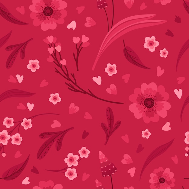 Viva Magenta! Floral Seamless Pattern. Blooming Flowers, Red and Pink Leaves and Hearts.