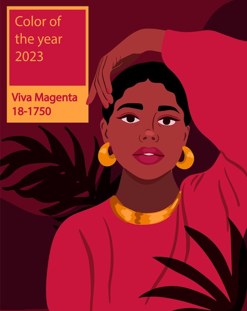 Viva magenta trending color of 2023. vector poster with beautiful black woman