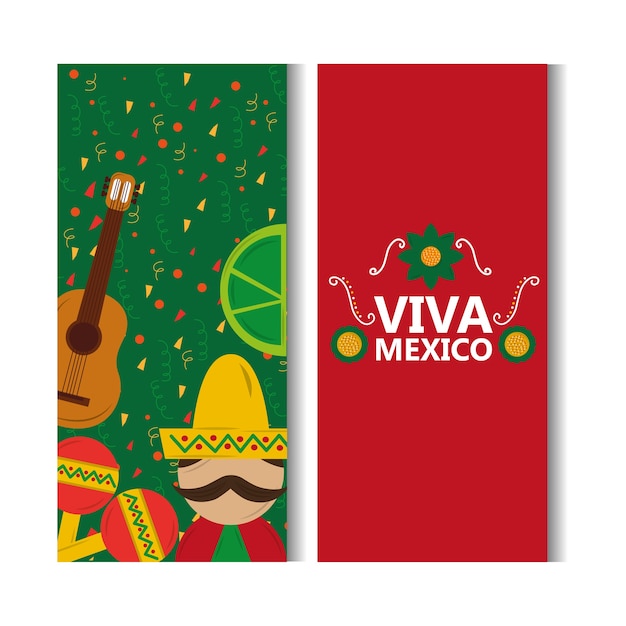 Vector viva mexico banner man mexican guitar lemon culture