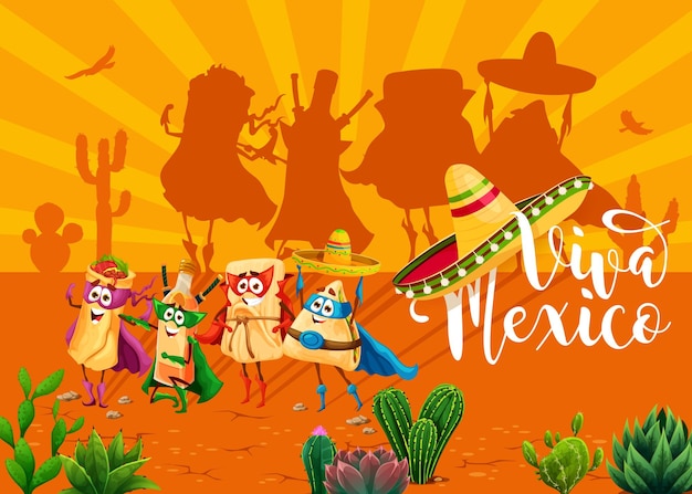 Banner viva mexico con personaggi messicani tex mex nel deserto personaggi di supereroi alimentari dei cartoni animati che invitano alla celebrazione delle vacanze tamales tequila quesadilla burrito difensori in maschere e mantelli