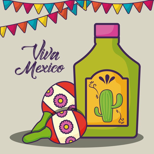 viva mexico design with maracas and tequila bottle