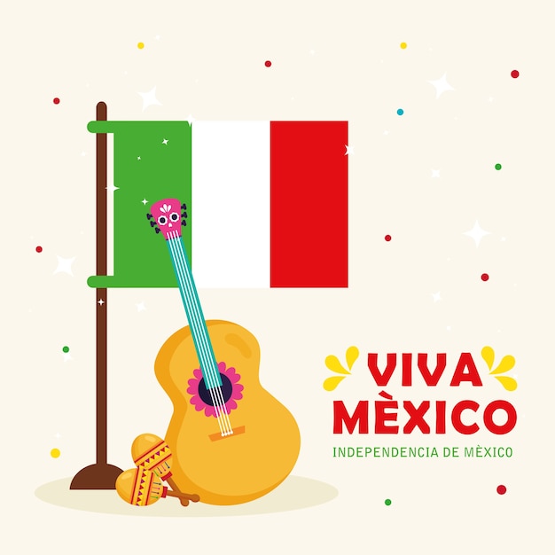 Viva mexico, happy independence day, 16 of september with flag, guitar and maracas.