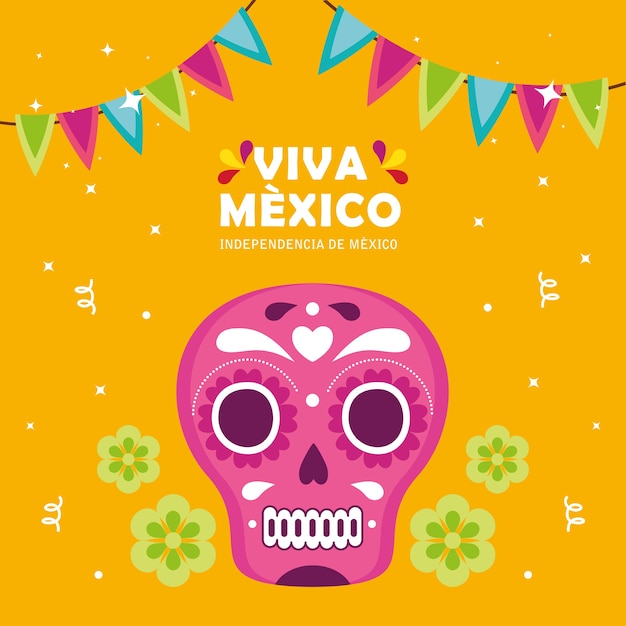 Viva mexico, happy independence day, 16 of september with skull and decoration.