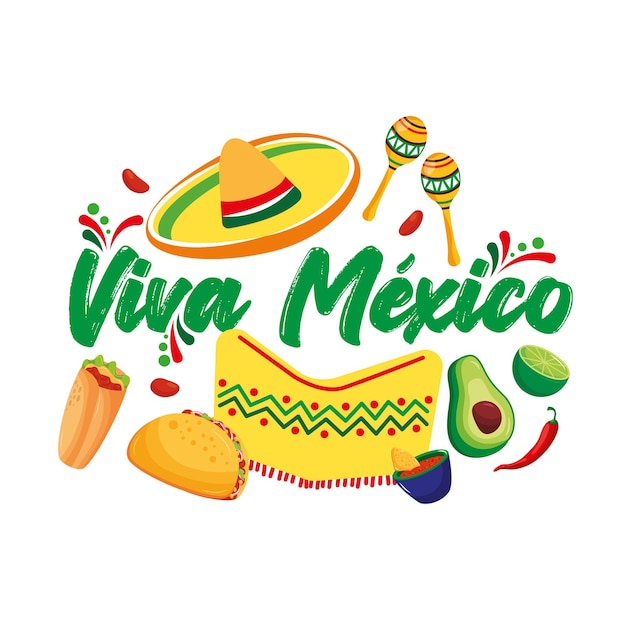 멕시코 음식과 모자 벡터 일러스트 사이의 Viva Mexico 일러스트