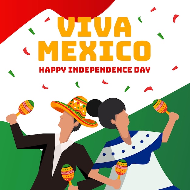 viva Mexico independence day illustration with two people dancing and holding maracas