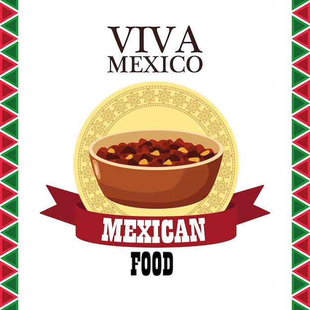 Viva mexico lettering and mexican food with refried beans in ribbon frame.