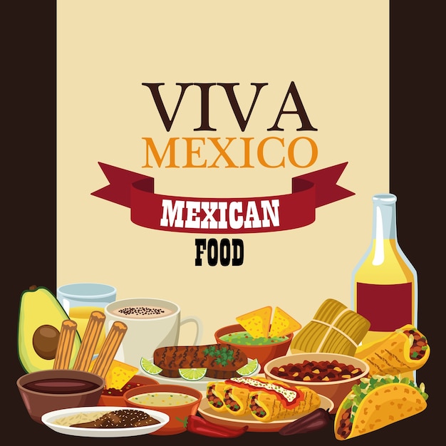 Vettore viva mexico lettering e cibo messicano con tequila e menu.