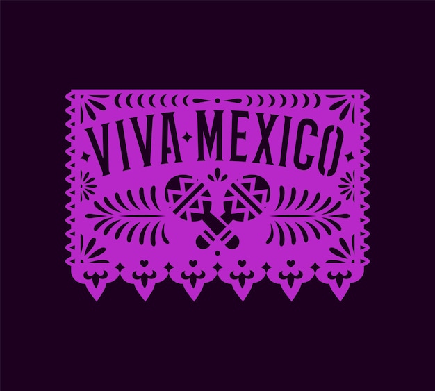 Viva mexico мексиканский бумажный вырезанный праздничный флаг с маракасами и цветочным печатным гирляндным элементом с векторным баннером для праздника Cinco de Mayo