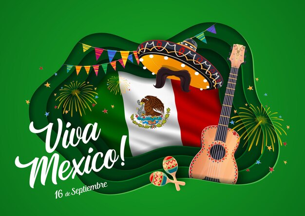 Vector viva mexico paper cut banner independence day