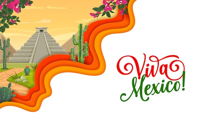 Vector viva mexico paper cut banner with mexican pyramid