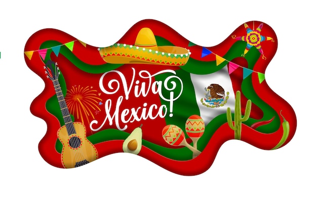 Viva Mexico papier gesneden banner met nationale Mexicaanse vlag sombrero en muziekinstrumenten Vector golvende 3D gelaagde frame met traditionele Latijns-Amerikaanse symbolen avocado gitaar maracas cactus pinata