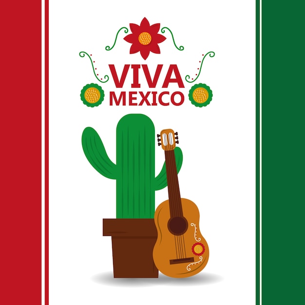 Vettore viva mexico poster in vaso di cactus e chitarra