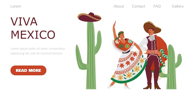 Viva mexico website met mensen in klederdracht platte vectorillustratie