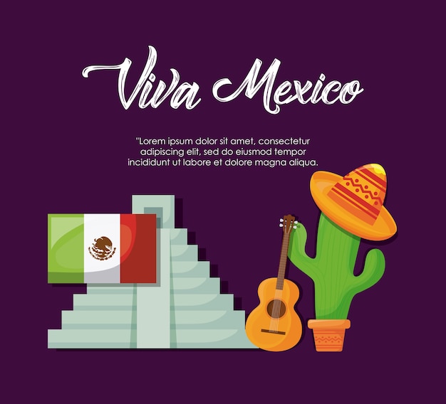 Viva mexico with mexican culture related icons over purple background