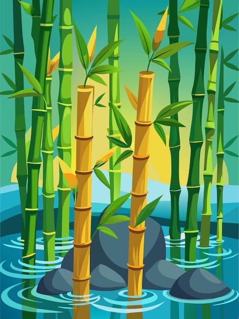 Vector vivid bamboo shoots emerge from a crisp water backdrop