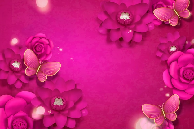 Vivid fuchsia paper flowers decorative background with butterfly