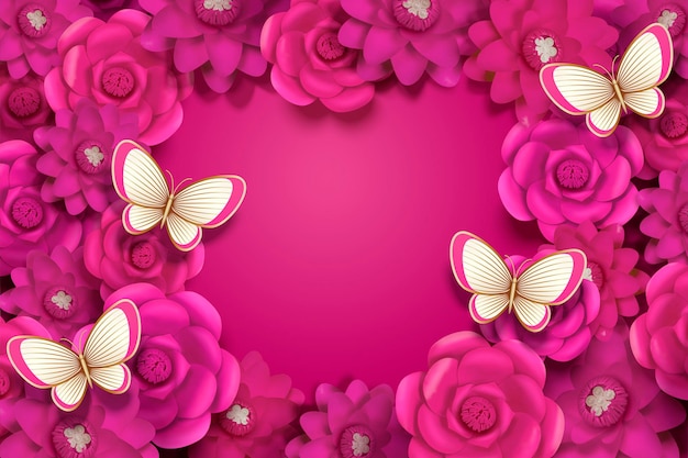 Vector vivid fuchsia paper flowers decorative background with butterfly