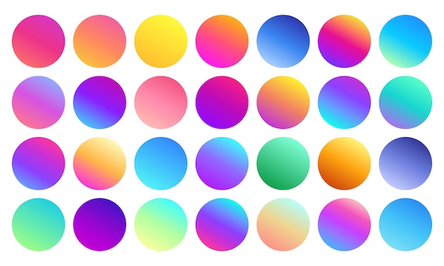 Вектор Яркие градиентные сферы. минималистские многоцветные круги, яркие цвета абстрактных 80-х и сфера современных градиентов, изолированные набор