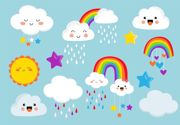 ステッカーポストカード誕生日招待状の雲サンスターハートイラスト入りの鮮やかな虹編集可能な要素