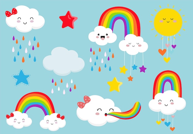 ステッカーはがき誕生日の招待状の雲サンスターハートのイラストで設定された鮮やかな虹編集可能な要素
