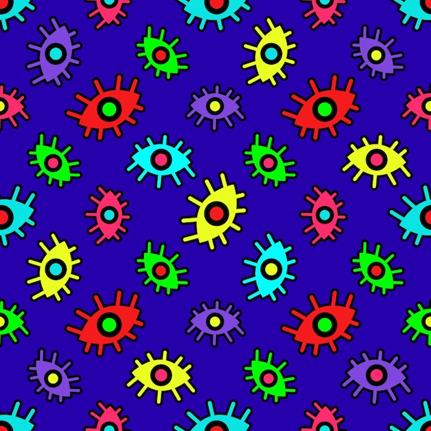 Vivid vector illustration seamless colorful pattern with multicolored eyes depicted chaotically on bright blue background