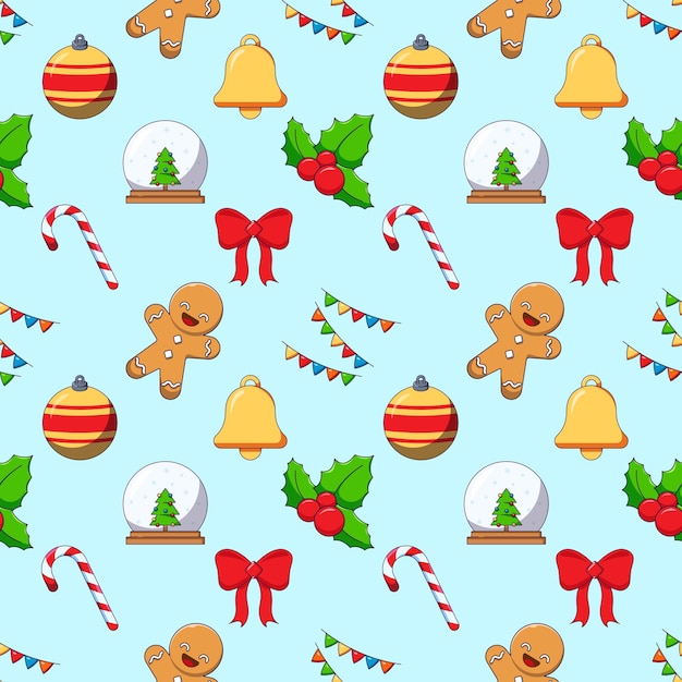 Vivid vector seamless pattern of cartoon bauble bell bauble mistletoe sweet