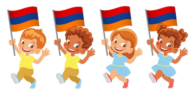Vlag van Armenië in de hand. Kinderen die vlag houden. Nationale vlag van Armenië