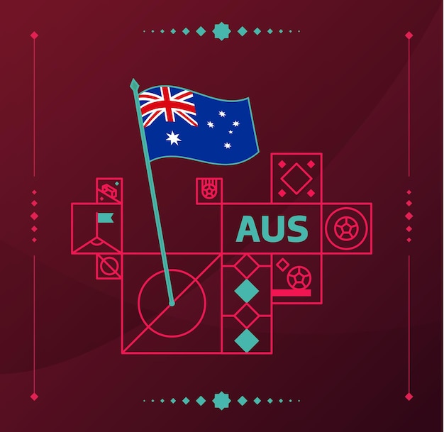 Vlag van australië en tekst op 2022 wereld voetbaltoernooi achtergrond vector illustratie voetbal patroon voor banner kaart website nationale vlag