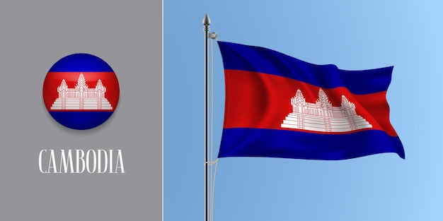 Vlag van cambodja zwaaien op vlaggenmast en ronde pictogram vectorillustratie. realistisch 3d-model van strepen van cambodjaanse vlag en cirkelknop