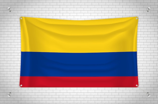 Vlag van Colombia hangend aan de muur. 3D-tekening. Vlag aan de muur bevestigd. Netjes tekenen in groepen