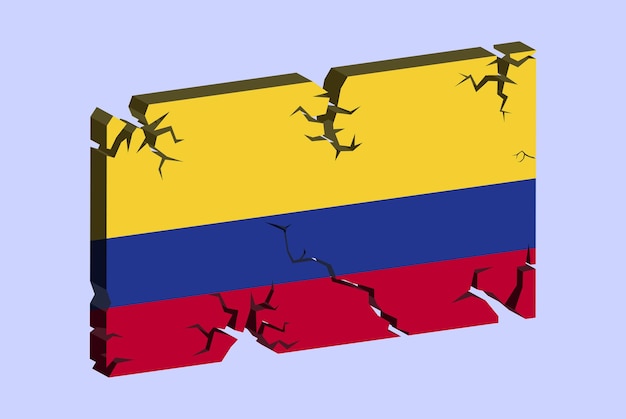 Vlag van Colombia op 3D gebarsten muur vector breukpatroon met gebarsten textuur problemen concept