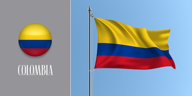 Vlag van Colombia op vlaggenmast en ronde pictogram, mockup van driekleur van Colombiaanse vlag en cirkel-knop