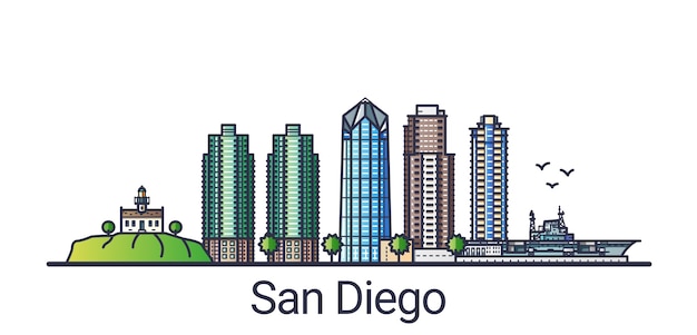 Vlag van de stad San Diego in vlakke lijn trendy stijl. San Diego City Line Art. Alle gebouwen zijn gescheiden en aanpasbaar.