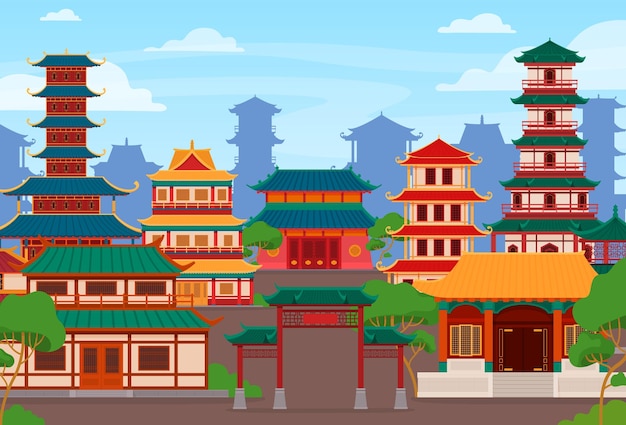 Vlag van de stad van traditionele gebouwen in Aziatische stijl Oude tempels pagodes heiligdommen residentiële gebouwen Vector illustratie
