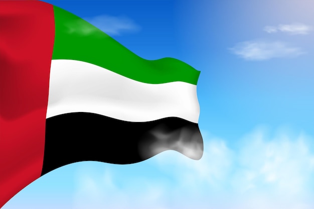 Vlag van de Verenigde Arabische Emiraten in de wolken. Vector vlag zwaaien in de lucht. Nationale dag realistische vlag