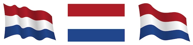 Vlag van holland nederland in statische positie en in beweging, ontwikkelend in de wind in exacte kleuren en maten op witte achtergrond