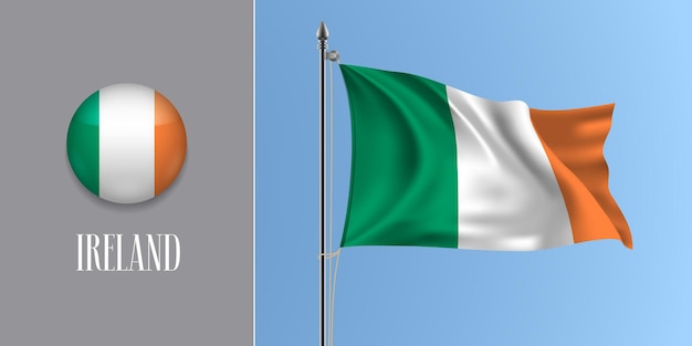 Vector vlag van ierland zwaaien op vlaggenmast en ronde pictogram vectorillustratie. realistisch 3d-model met ontwerp van ierse vlag en cirkelknop