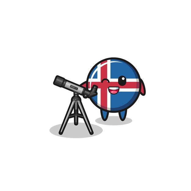 Vlag van IJsland astronoom mascotte met een moderne telescoop