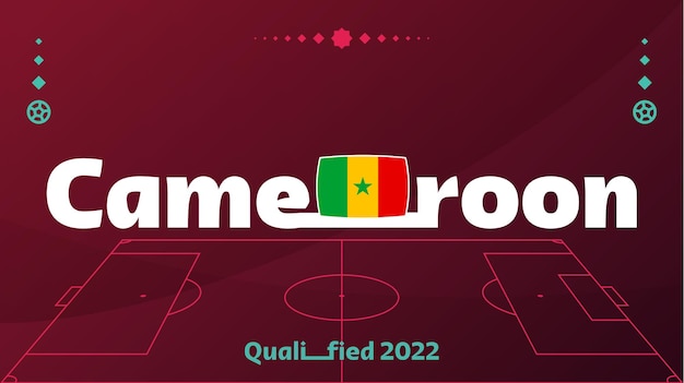 Vlag van Kameroen en tekst op 2022 voetbaltoernooi achtergrond Vector illustratie voetbal patroon voor banner kaart website nationale vlag kameroen