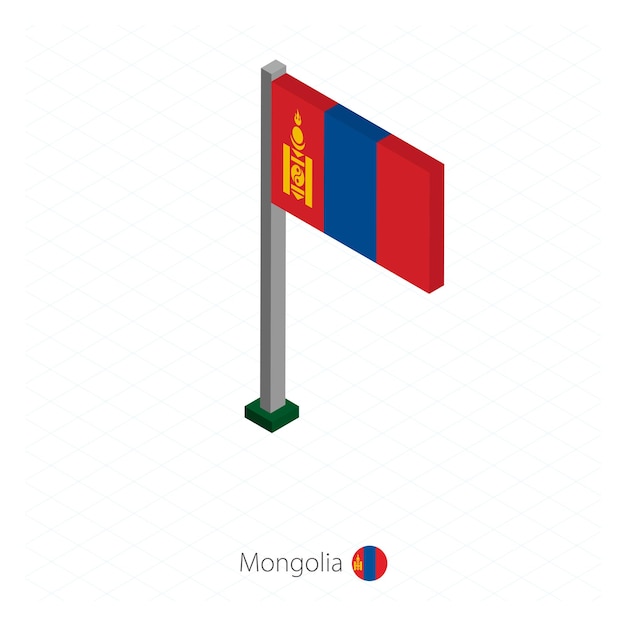 Vlag van mongolië op vlaggenmast in isometrische dimensie isometrische blauwe achtergrond vectorillustratie