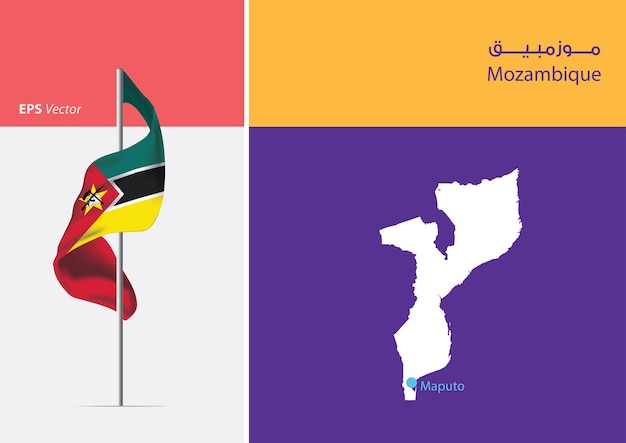 Vlag van mozambique op witte achtergrond met kaart