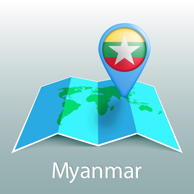 Vlag van myanmar wereldkaart in pin met naam van land op grijze achtergrond