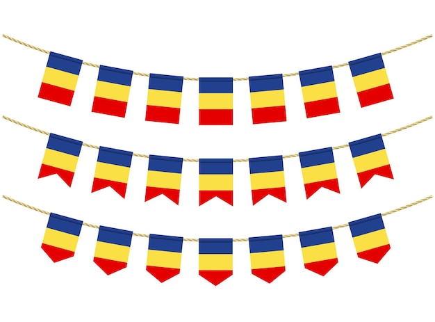 Vector vlag van roemenië aan de touwen op witte achtergrond. set patriottische bunting vlaggen. gorsversiering van de vlag van roemenië