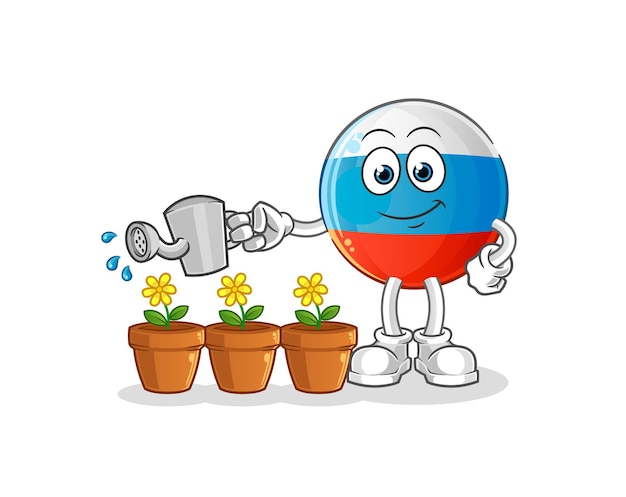 Vlag van Rusland die de bloemenmascotte water geeft. cartoon vector