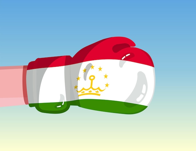Vlag van Tadzjikistan op bokshandschoen Confrontatie tussen landen met concurrentiekracht