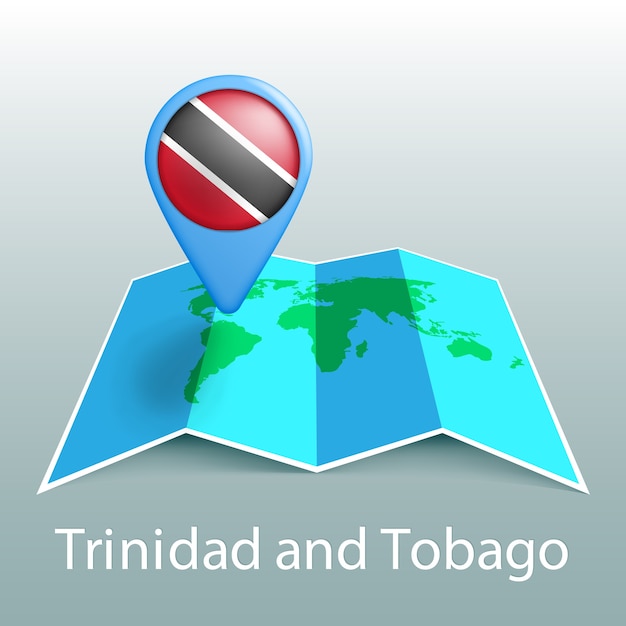 Vector vlag van trinidad en tobago wereldkaart in pin met naam van land op grijze achtergrond