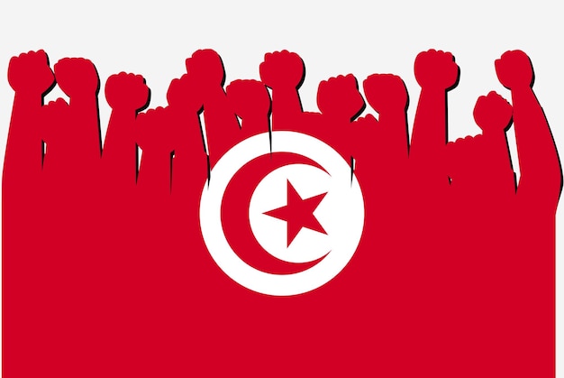 Vlag van tunesië met opgeheven protest handen vector land vlag logo tunesië protesteren concept