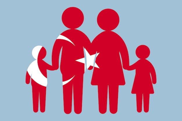 Vector vlag van turkije met familieconcept ouder en kinderen hand in hand immigrant idee plat ontwerp asset